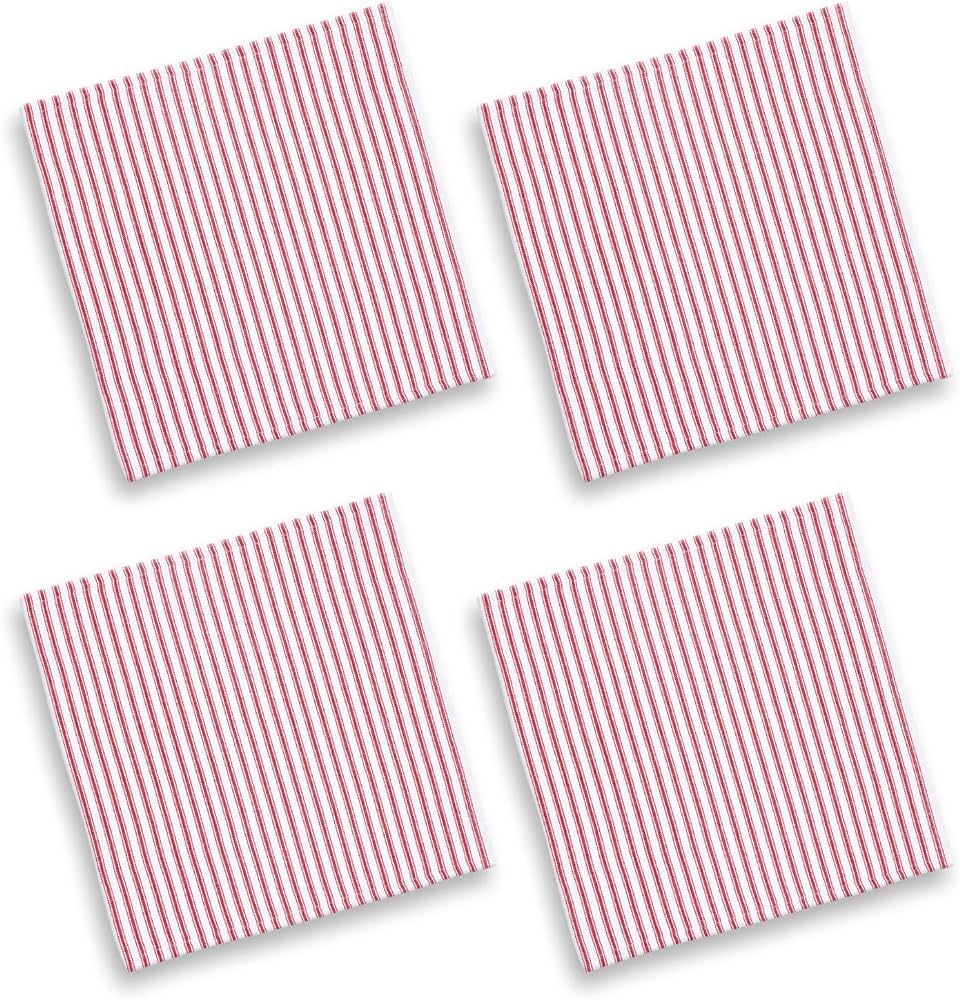 Red and White Ticking Stripe Woven Cotton Fabric Napkins 18 Inches Square, Set of 4 | Amazon (US)