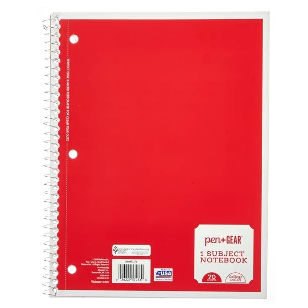 Pen + Gear 1-Suject Spiral Notebook, College Ruled, 70 Pages, Red | Walmart (US)