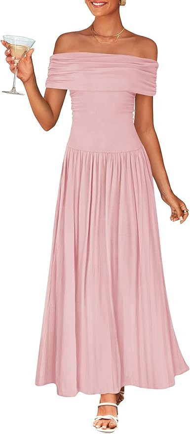 ZESICA Women's Off The Shoulder Maxi Dress 2025 Summer Sleeveless Casual Slim Swing Pleated Forma... | Amazon (US)