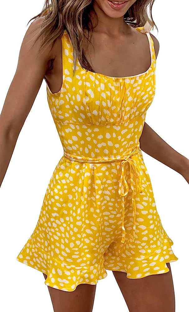 GOBLES Summer Women's Sleeveless Drawstring Polka Dot Print Ruffle Hem Short Jumpsuits Rompers | Amazon (US)
