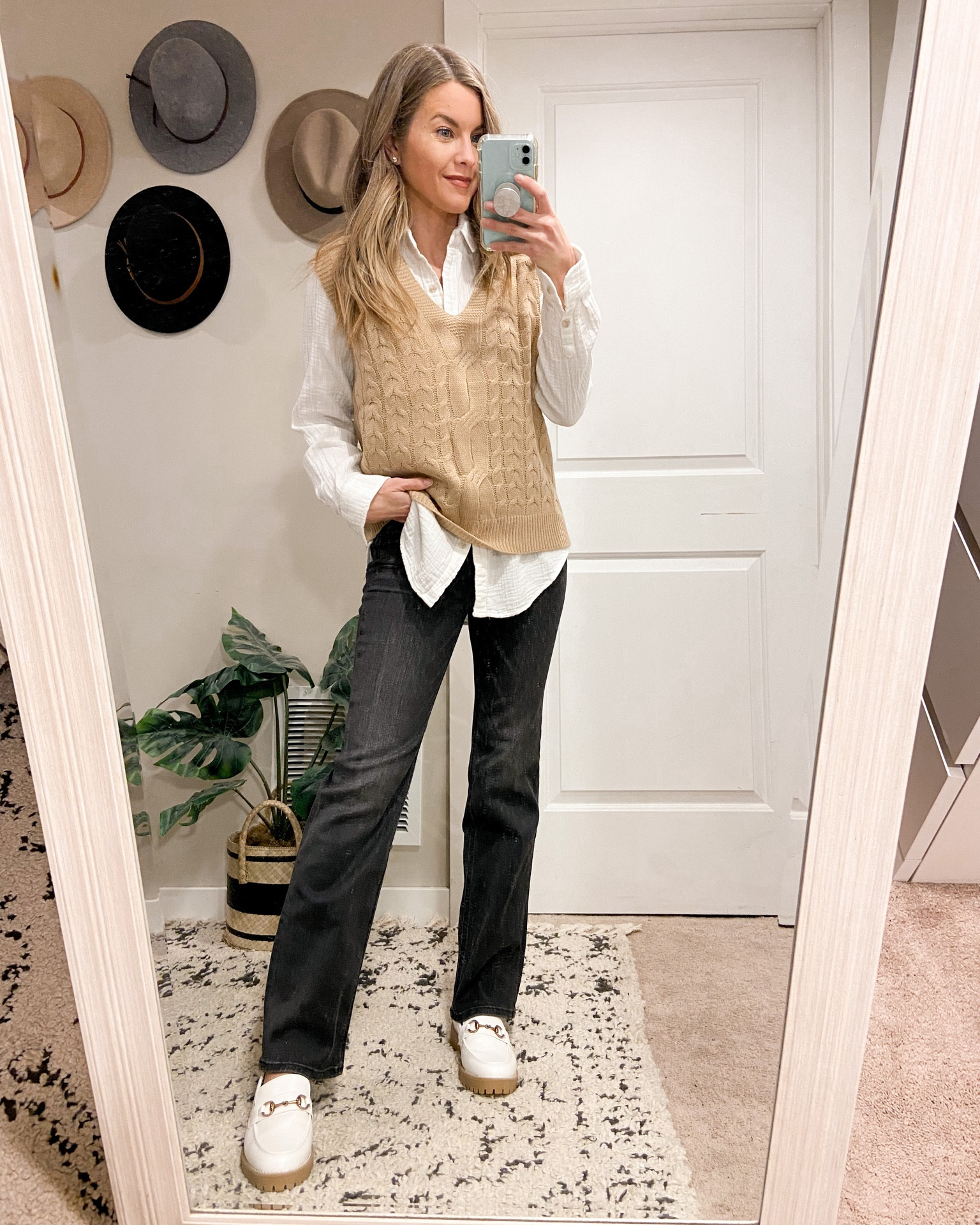 J. Crew faded black demi-boot jeans on sale $47 w/ code EPIC (orig. $148)
Styled with sweater vest

#LTKunder50 #LTKsalealert #LTKstyletip