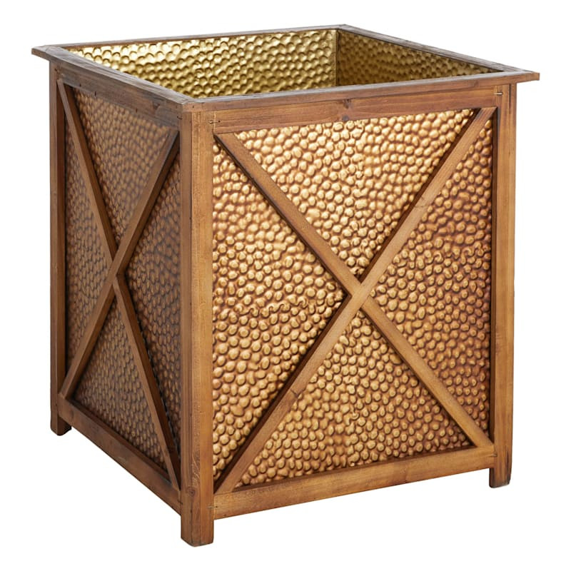 Honey Hammered Metal & Wood Planter, Large | At Home