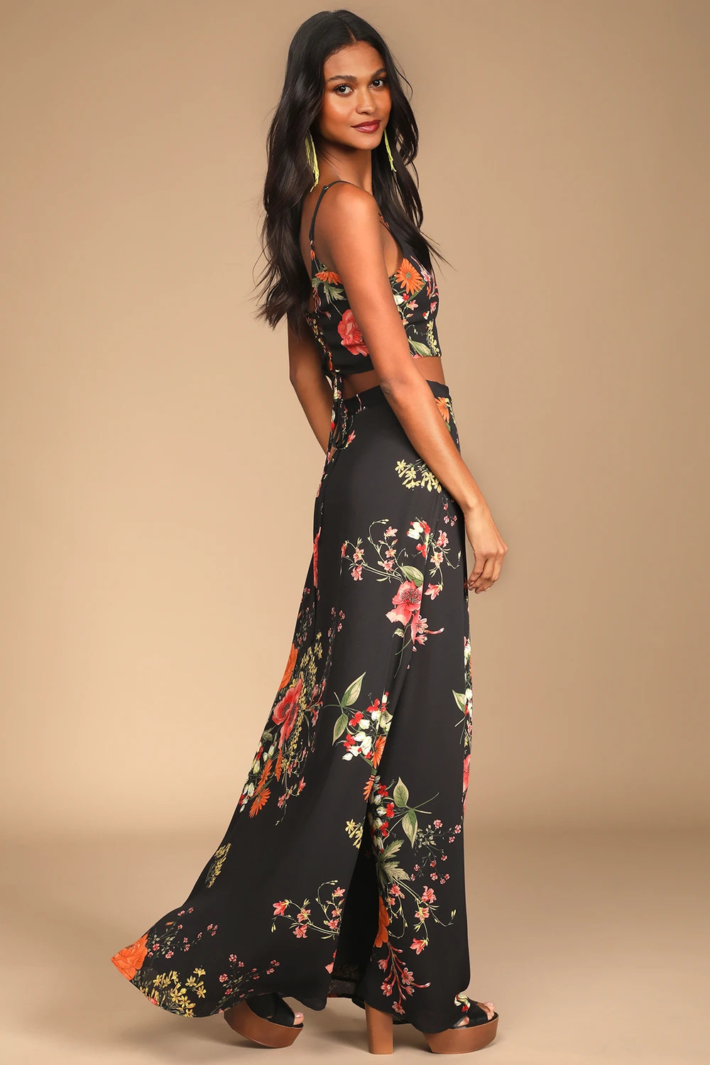 Bloom With a View Black Floral Print Two-Piece Maxi Dress | Lulus