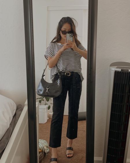 Striped tshirt black cropped denim jeans ysl sunglasses vintage gucci jackie dior heels black and white neutrals chic look 

#LTKshoecrush #LTKstyletip #LTKitbag