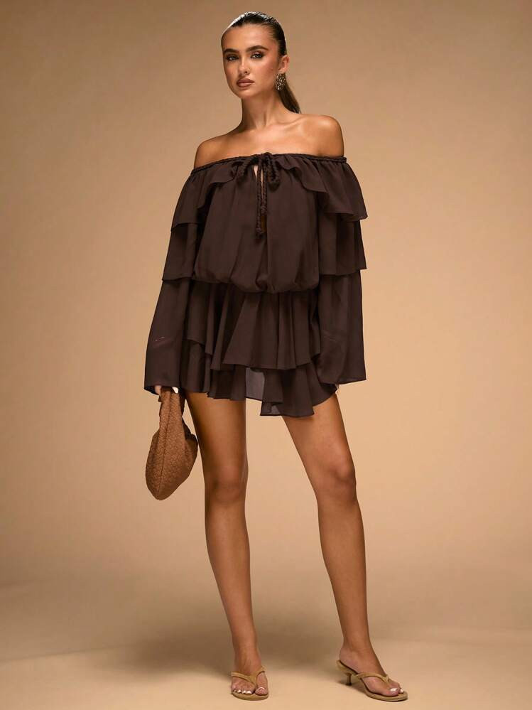 SHEIN BAE Women's Chocolate Solid Color Off-The-Shoulder Ruffle Hem Twist Long-Sleeved Dress Brown Off-The-Shoulder Dress Chocolate Brown Dress Brown Ruffle Dress, Boho Dress, Flowing Dress, Long-Sleeved Dress, Western Cowboy Girl, Going Out Dress | SHEIN