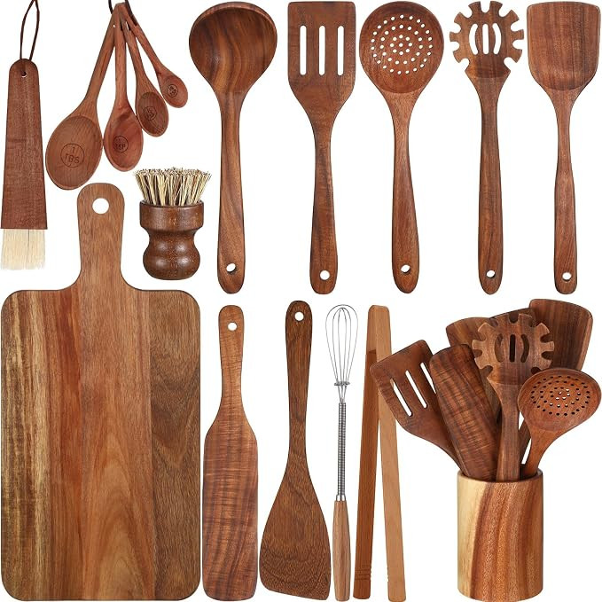 18 Pc Wooden Kitchen Utensils Set with Holder, Cutting Board, Spatulas, Spoons, Tong, Whisk & Acc... | Amazon (US)