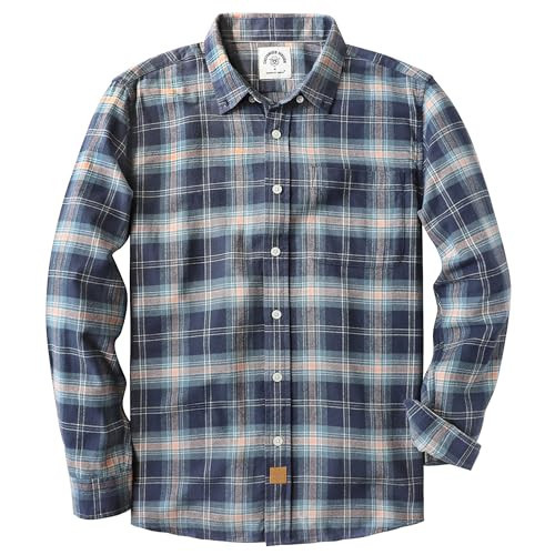 Dubinik® Flannel Shirt for Men Plaid Mens Button Down Long Sleeve Shirts Soft Pure Cotton Casual Cozy Regular Fit Navy Blue Orange | Amazon (US)