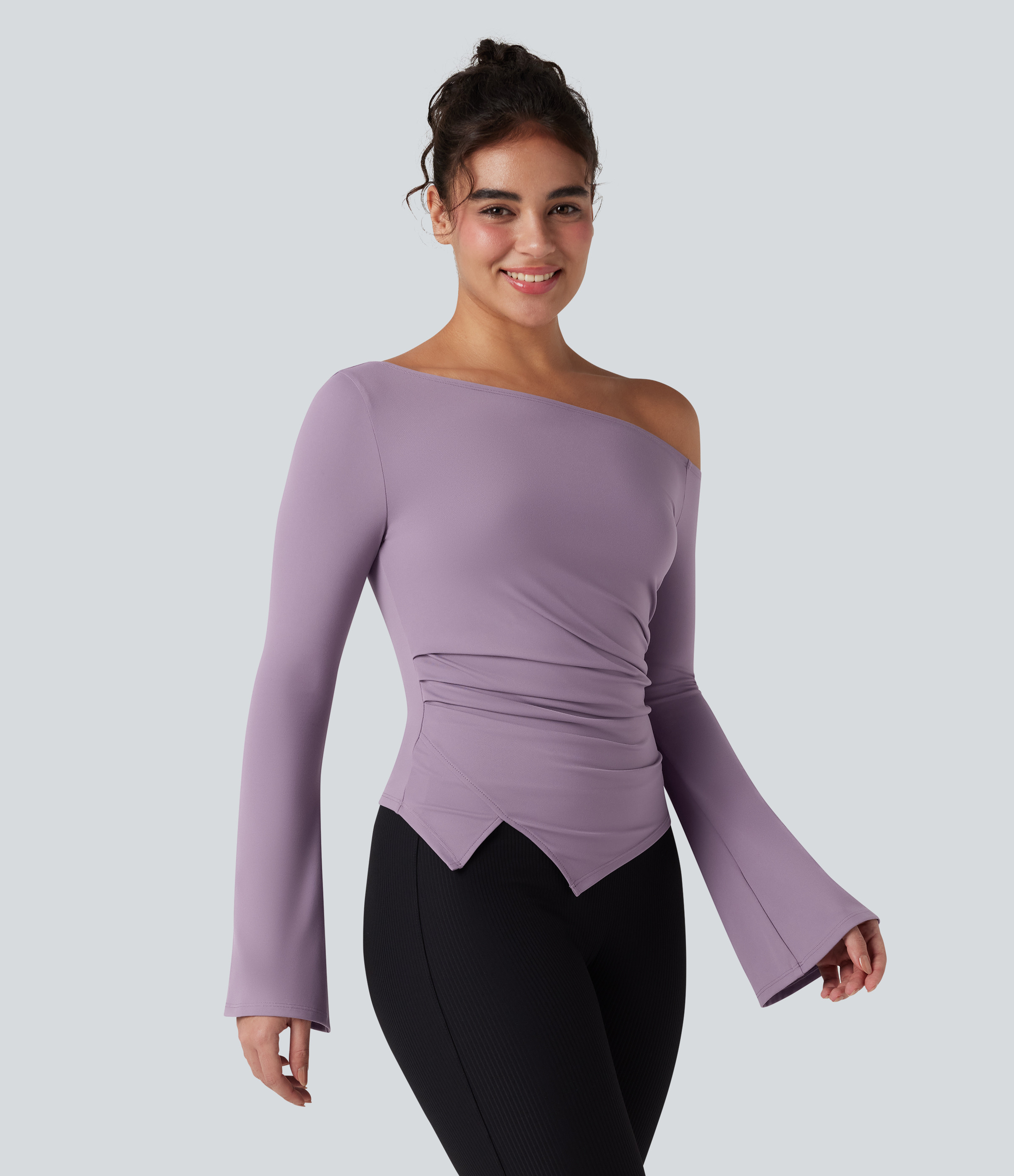Halara SoftlyZero™ Plush One Shoulder Long Sleeve Ruched Asymmetric Hem Yoga Sports Top - Tulip Purple - S | HALARA