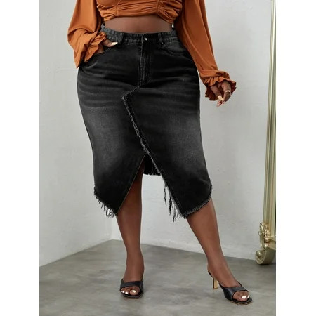 Women s SXY Plus High Waist Raw Cut Asymmetrical Hem Denim Skirt 92912W112665 | Walmart (US)
