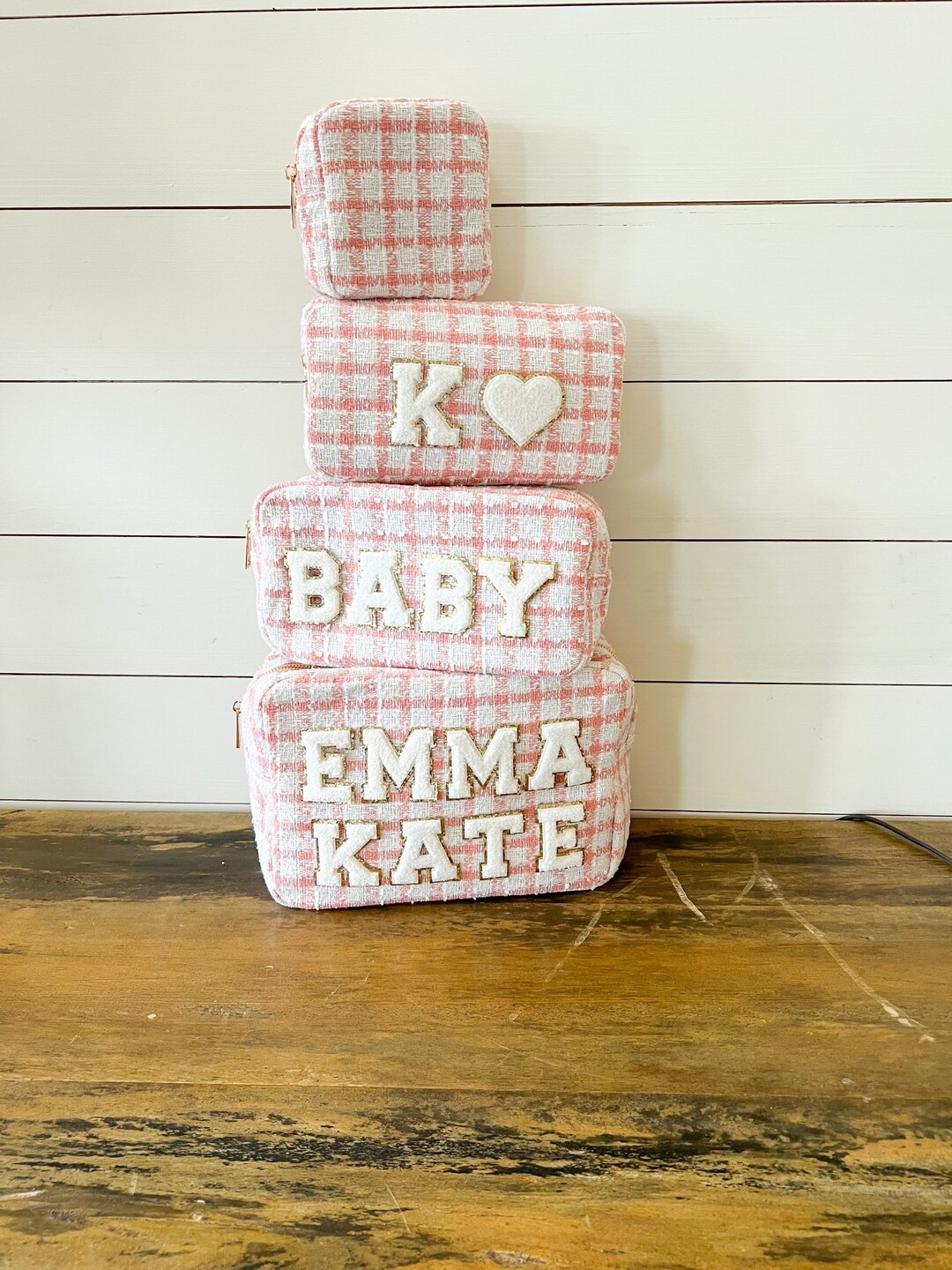 Pink Tweed Plaid Bag With Custom Letter Patches Mama Baby Diaper Bags Set Travel Pouches - Etsy | Etsy (US)