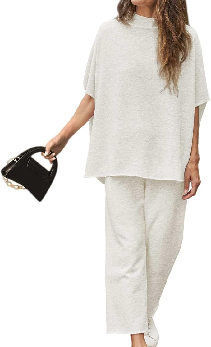 Ainangua Women Casual Two Piece Outfits 3/4 Batwing Sleeve Capelet CrewNeck Pullover Top Wide Leg... | Amazon (US)