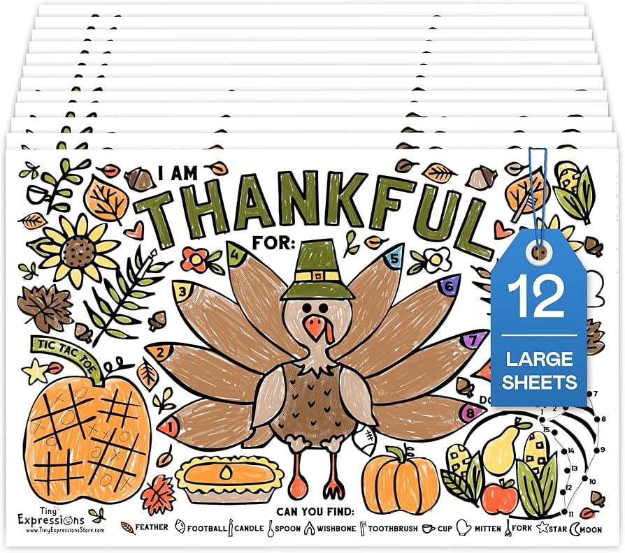 Tiny Expressions - Thanksgiving Coloring Placemats for Kids - Set of 12 Paper Placemats to Color,... | Amazon (US)
