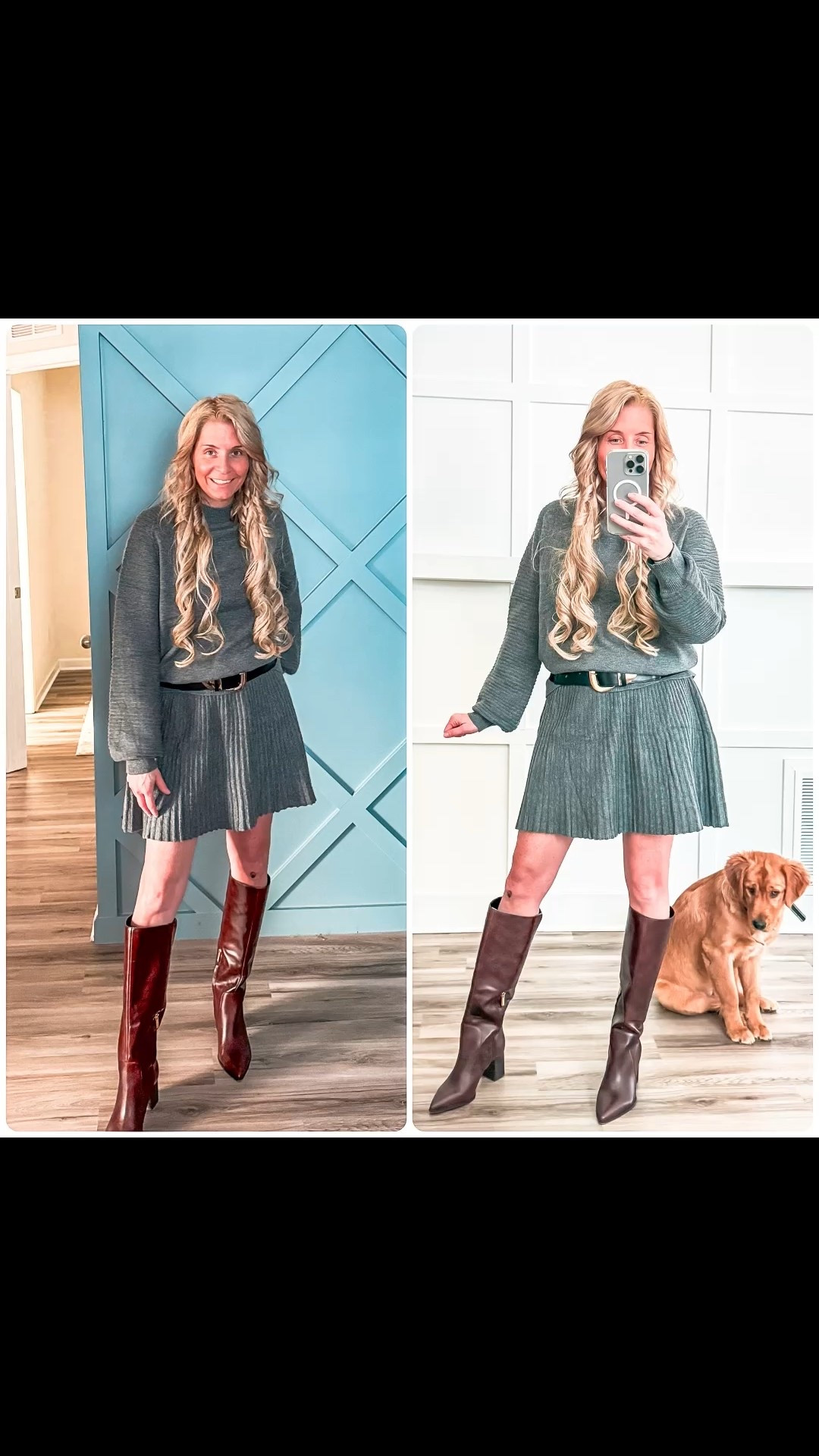 Cozy, elevated, and completely effortless — this ribbed knit sweater-and-skirt set is the perfect fall-winter combo. The soft grey tone gives a chic monochrome vibe, while the belted waist adds shape without sacrificing comfort. Paired with rich chestnut knee-high boots, the look instantly shifts from comfy-cute to polished and put-together.
Your long waves soften the structured knit, giving the outfit that luxe, feminine balance. And the neutral backdrop + warm flooring makes everything feel editorial, Pinterest-ready, and timeless. Even the pup cameo adds that cozy-lifestyle aesthetic your followers love.

HASHTAGS
#trendyheidi / #fallstyleedit / #knitdressset / #cozychic / #ltkfashion / #ltkstyle / #amazonfashionfinds / #outfitinspo / #falloutfitideas / #neutralstyle / #monochromeoutfit / #sweaterweatherstyle / #kneehighboots / #streetstyleinspo / #ootdfashion / #petitefashion / #fallvibes🍁 / #simpleandchic / #pinterestoutfits / #falllooks2025 / #stylebloggerlook / #chicandcozy / #effortlessstyle / #trendyaesthetic / #everydayfashion

#LTKHoliday #LTKCyberWeek #LTKGiftGuide