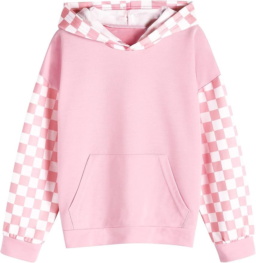 Hopeac Kids Girls Hoodies Plaid Checkered Cute Long Sleeve Pocket Pullover Sweatshirt | Amazon (US)