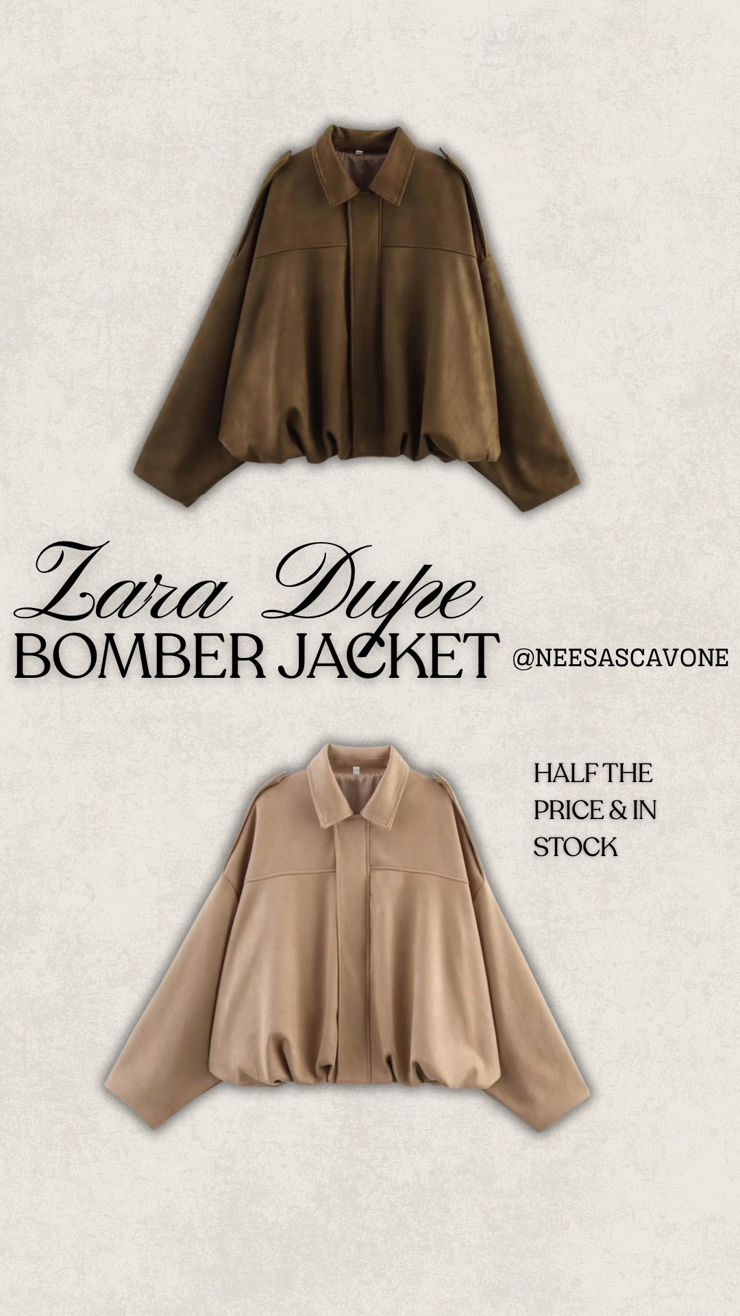 The viral Zara bomber jacket dupe is here 🤎 Chic, oversized, and the perfect fall layer but half the price and fully in stock. A wardrobe staple you’ll grab for everyday outfits, from school drop-off to date night. Available in two neutral shades that go with everything. ✨ #ZaraDupe #BomberJacketStyle #FallWardrobeStaples #LTKFallStyle #AffordableFashionFinds #FallOutfitInspo #EverydayStyle #NeutralOutfits #LTKSaleAlert #CapsuleWardrobeEssentials #LTKDupeFinds #StreetStyleOutfit #LTKUnder50 #ChicAndAffordable #LTKFallFashion

#LTKStyleTip #LTKFindsUnder50 #LTKFallSale