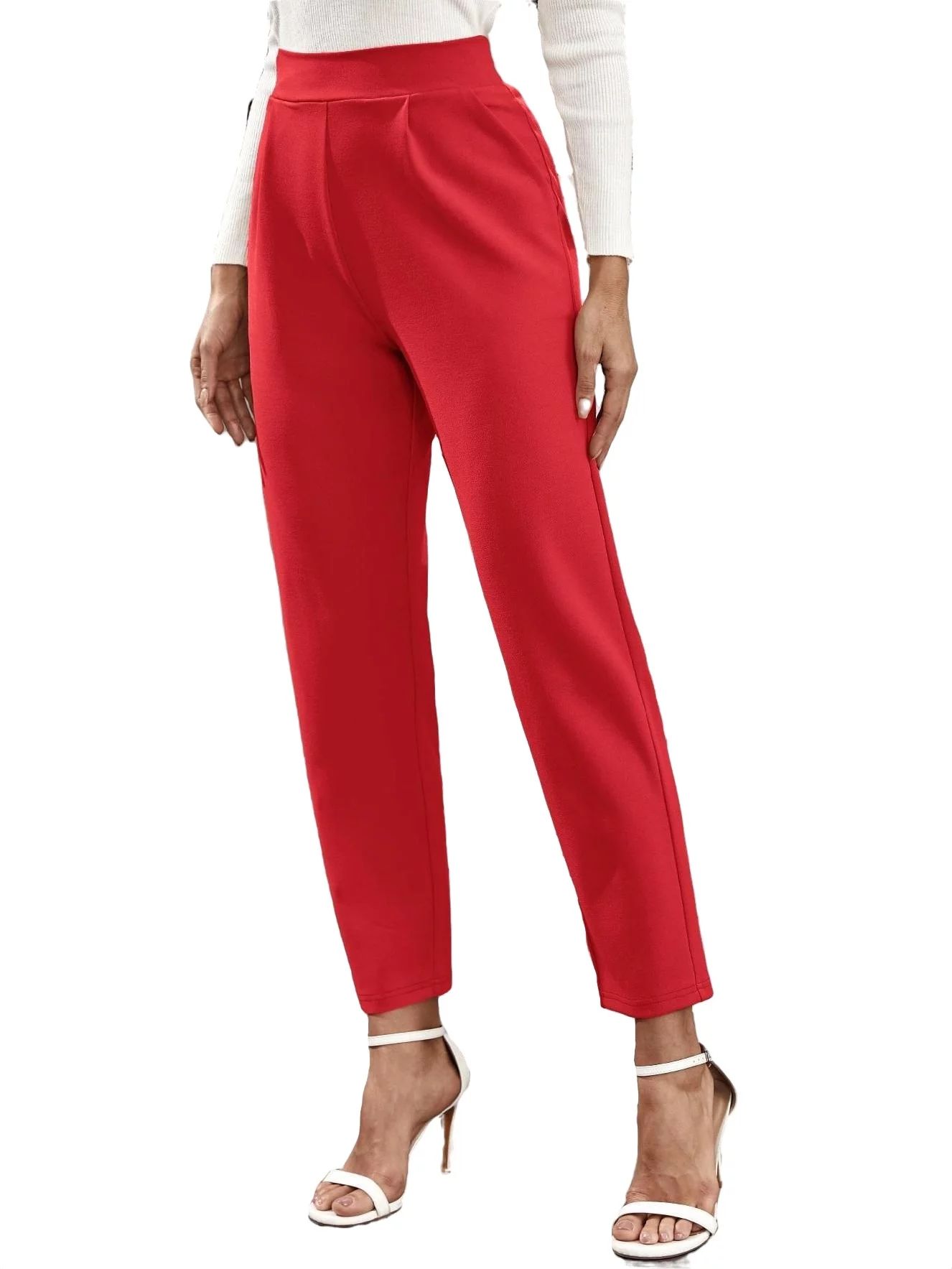 Women's Pants Solid High Waist Tapered Pants Red S | Walmart (US)