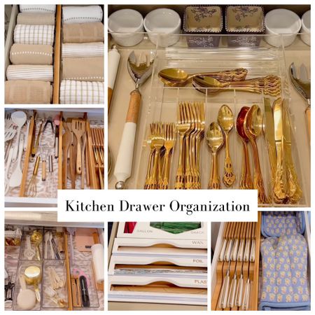 Kitchen Drawer organization. Drawer bamboo dividers, dish towels, gold silverware, ramekins, oven mitts,  plastic bag organizers

#LTKBacktoSchool #LTKFind #LTKhome