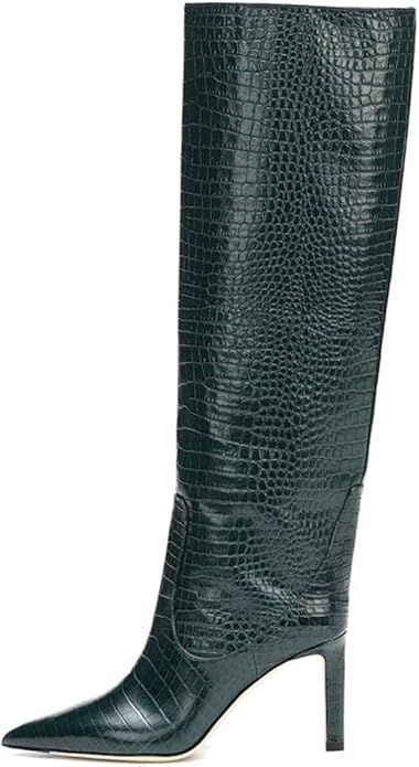 Arqa Women's Stiletto High Heel Knee High Boots Pointy Toe Faux Crocodile Print Boot Casual Dress... | Amazon (US)