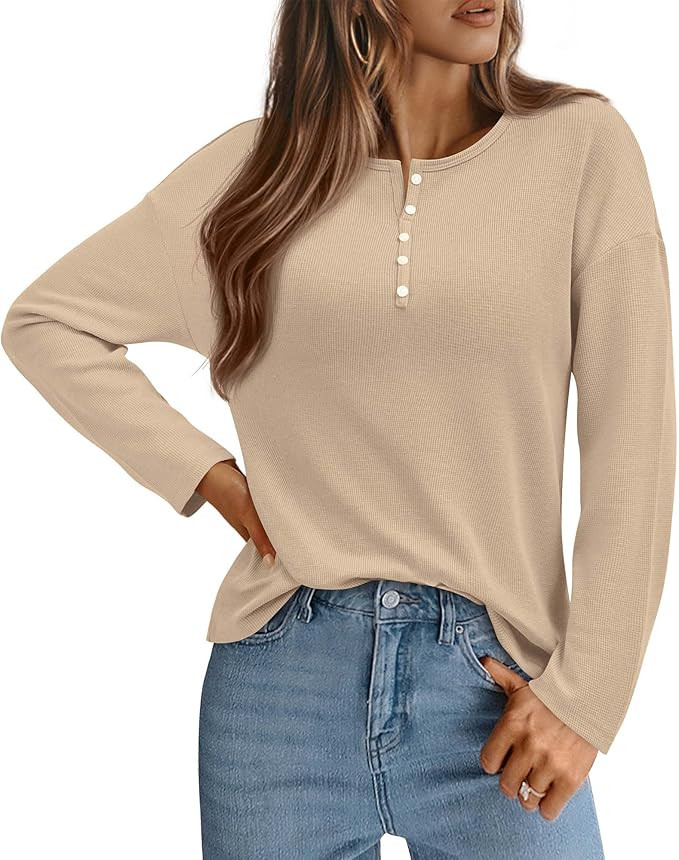 KIRUNDO Oversized Waffle Knit Tops for Women 2025 Fall Long Sleeve Henley Shirts Casual Blouse De... | Amazon (US)