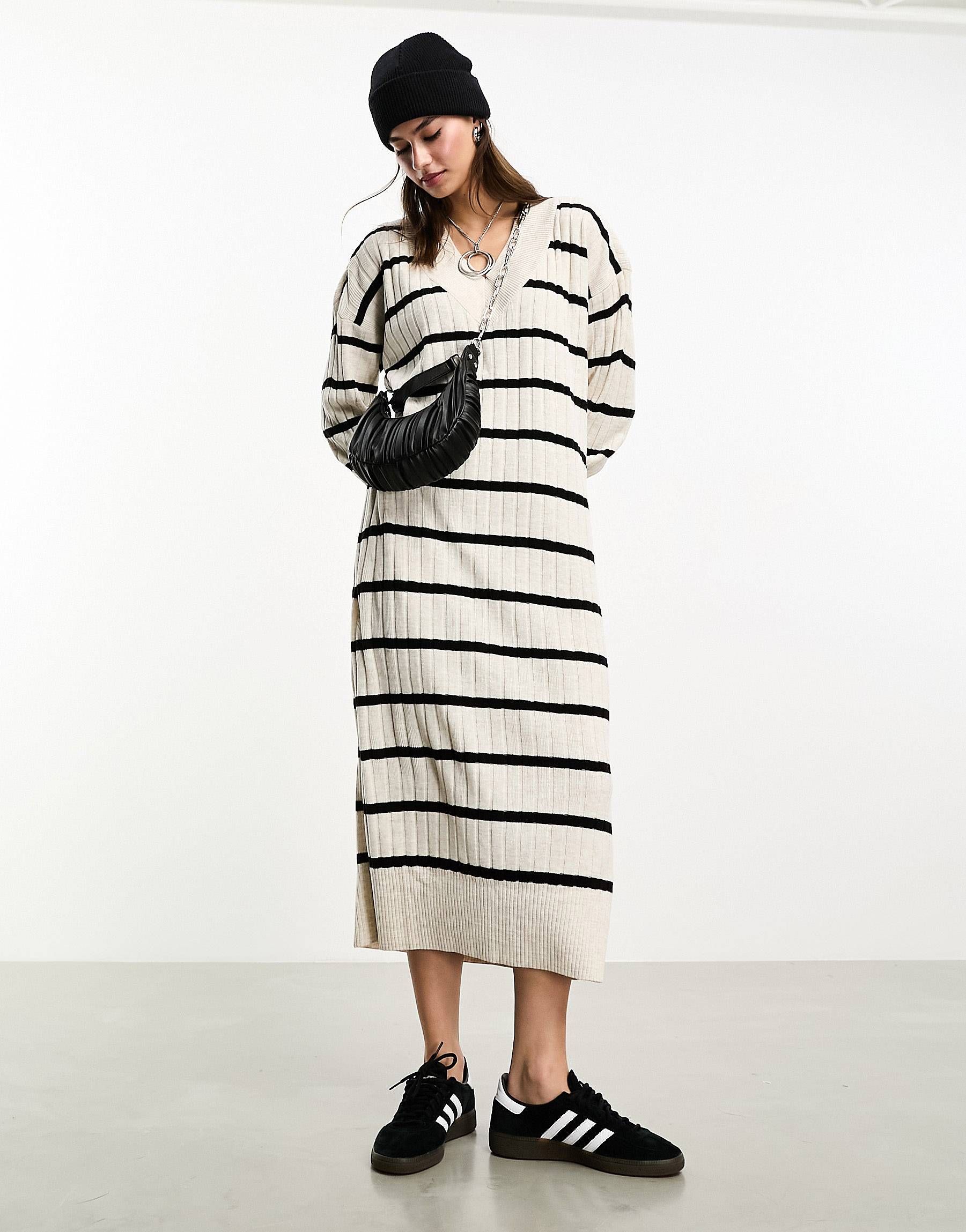 Only knitv neck maxi dress in cream and black stripe | ASOS (Global)