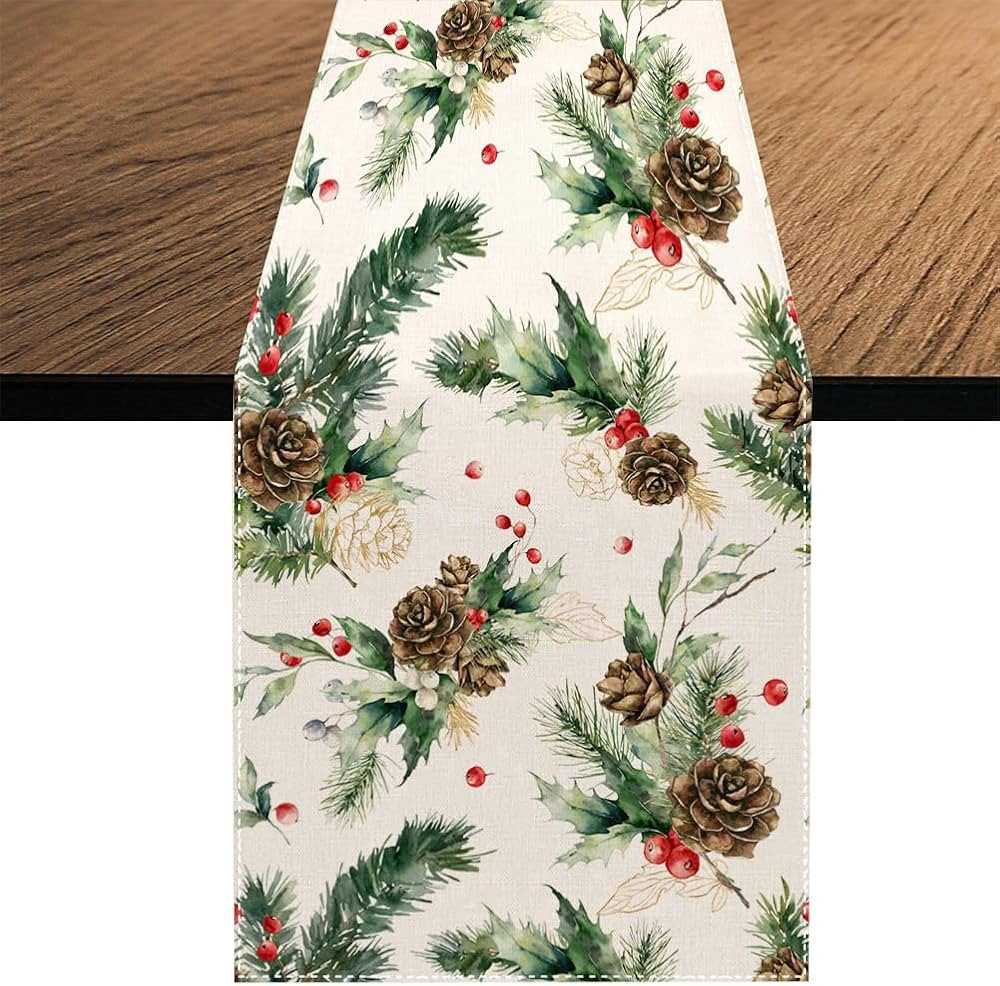 Branch Pine Cones Christmas Table Runner, Xmas Holly Berry Winter Kitchen Dining Table Decoration... | Amazon (CA)