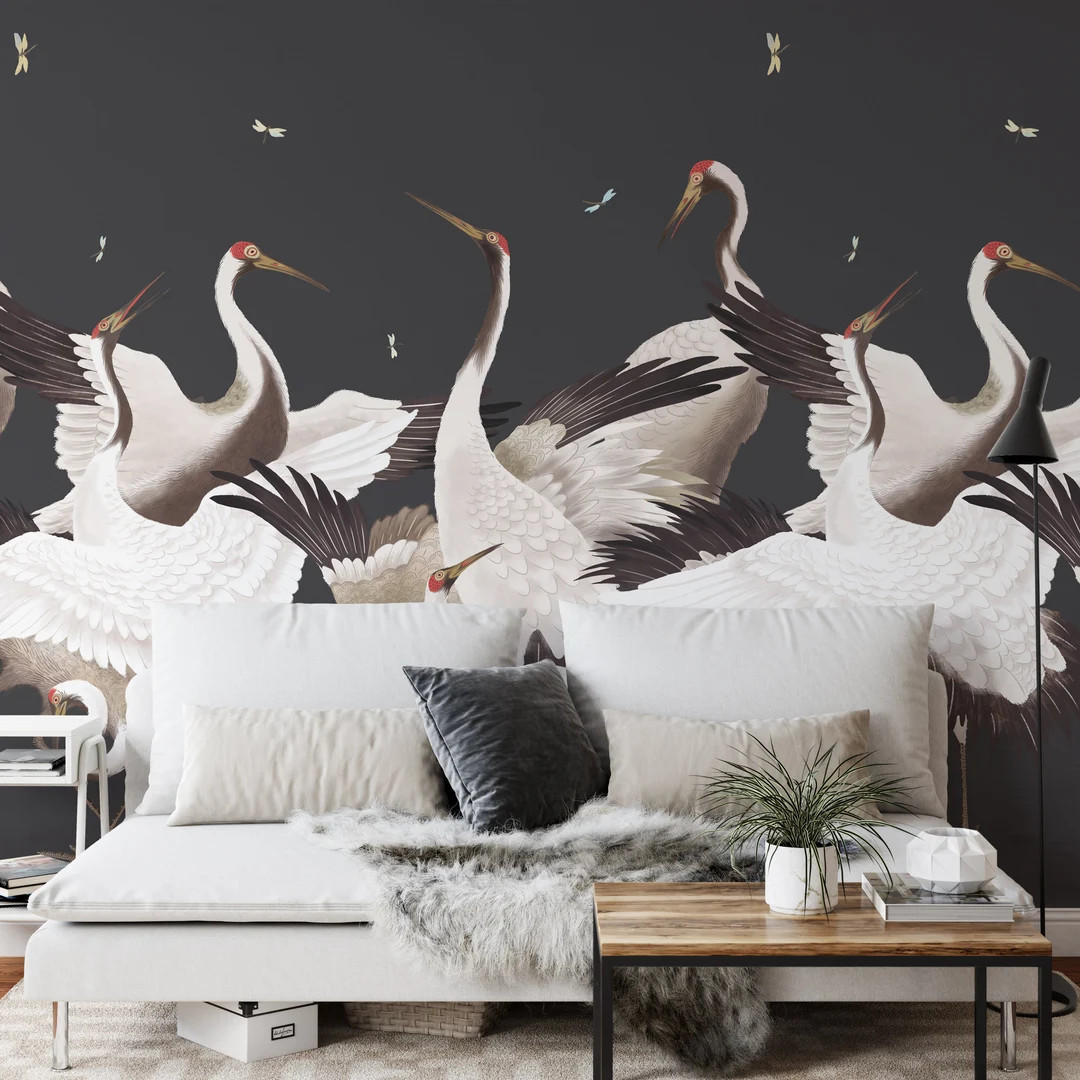 Heron Print Wallpaper, Removable Peel and Stick Mural, Japanese Crane Chinoiserie Inspired Crane ... | Etsy (US)