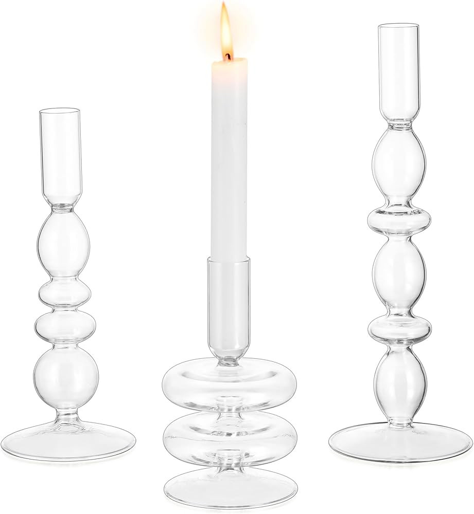 Glasseam Glass Candle Stick Holder: Clear Taper Candle Holders Set of 3, Modern Candlestick Holde... | Amazon (US)