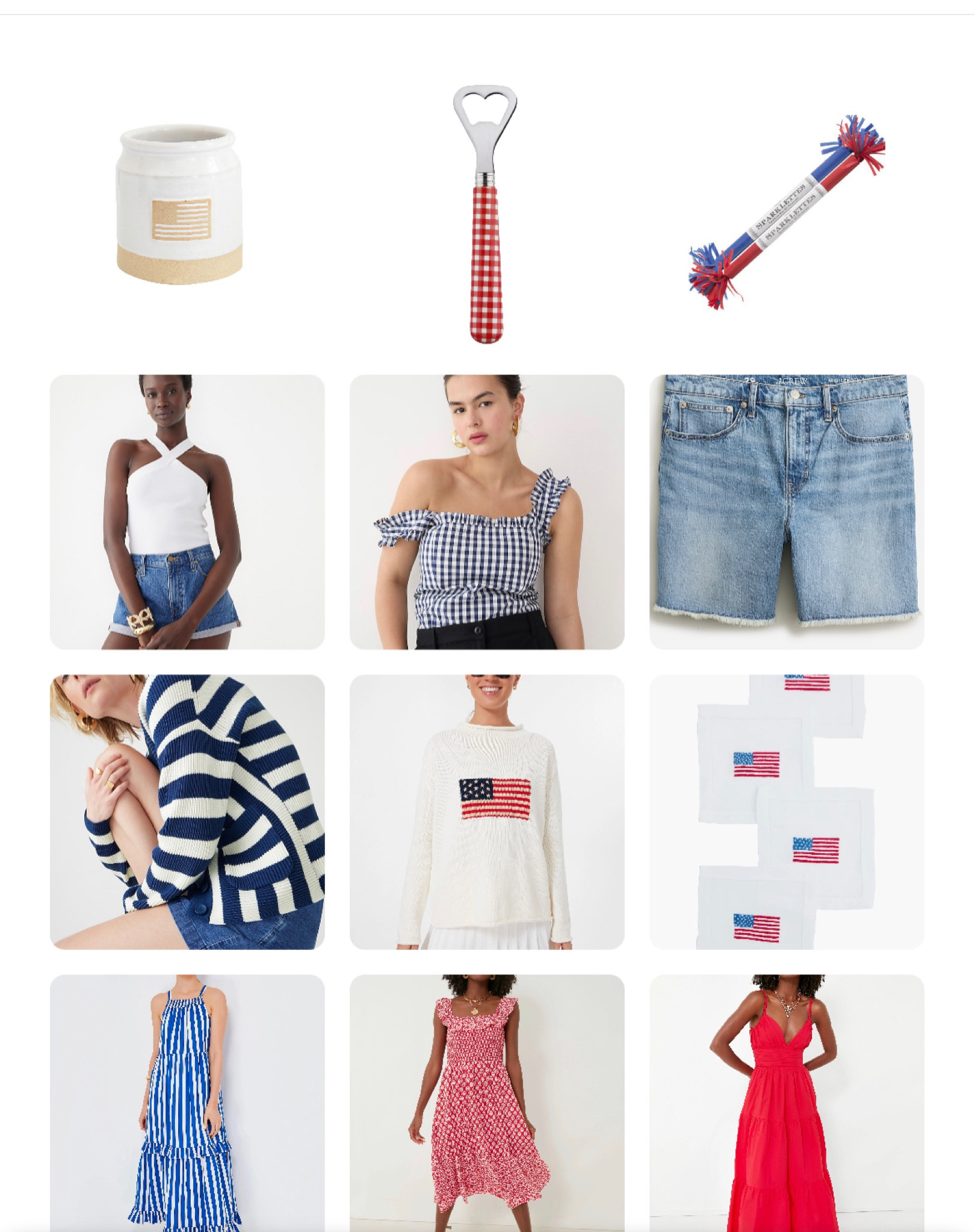 4th of July. Red midi dress. Blue stripe maxi dress. High rise jean shorts. Blue stripe cardigan. Blue gingham top. White halter top. American flag sweater. American flag cocktail napkins. Sparklers. Red gingham bottle opener. American flag crock. 4th of July dress. 4th of July outfits. 4th of July home decor. 4th of July party decor
.
.
.
.
… 

#LTKfamily #LTKhome #LTKstyletip