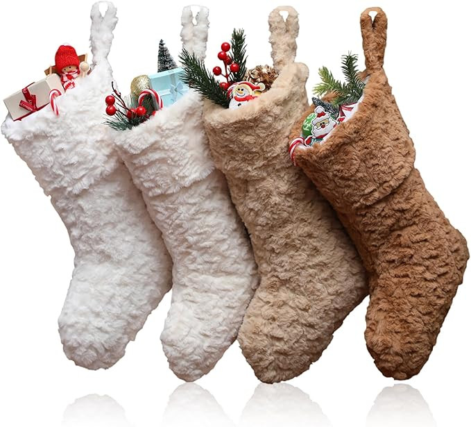 4 Pcs 21 Inch Neutral Personalized Christmas Stockings Bulk with Name Tags, Large Plush Rustic Fa... | Amazon (US)