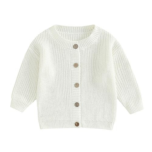 FOMOYUU Toddlers and Newborn Baby Girls Boy Cardigan Sweater Long Sleeve Button Up Knit Sweatshirt Jacket Fall Outfits (White, 3-6 Months) | Amazon (US)