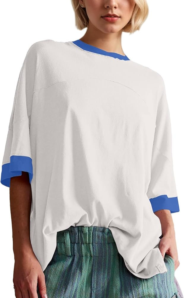 Women Oversized Color Block Short Sleeve T Shirt Crewneck Patchwork Split Hem Shirt Casual Loose ... | Amazon (US)