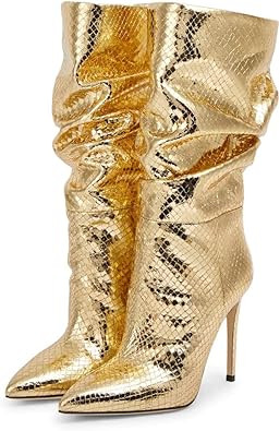 Arqa Metallic Leather Knee High Boots Women's Wide Calf Slouchy Boot Snake-pattern Stiletto Heel ... | Amazon (US)