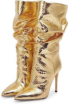 Arqa Metallic Leather Knee High Boots Women's Wide Calf Slouchy Boot Snake-pattern Stiletto Heel ... | Amazon (US)