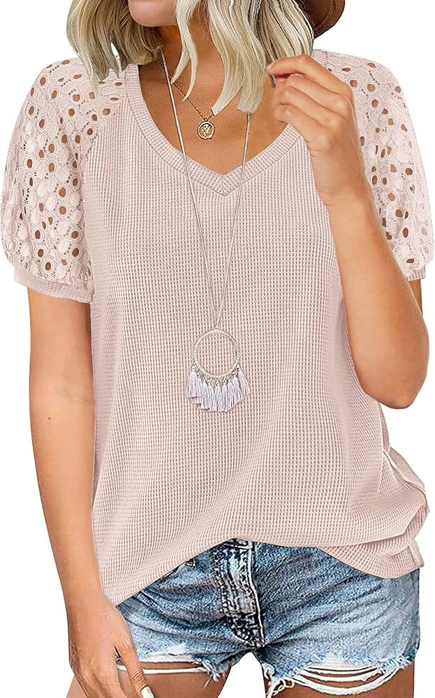 MIHOLL Women's Lace Short Sleeve V Neck Shirts Loose Casual Tops Tee Shirt | Amazon (US)