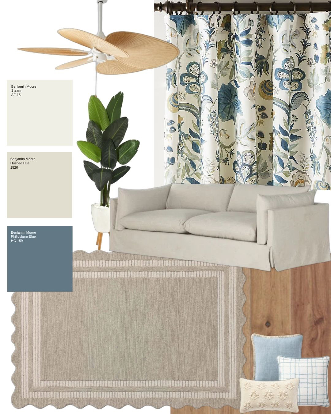 Easy breezes and scalloped rugs. This mood is cozy and relaxed.

Benjamin Moore Steam, Hushed Hue, Philipsburg Blue.
#designerinspo #HumanDesigner #designertips Ballard Designs Serena & Lily #moodboards #ColourandDesign #invitinginteriors #wayfairrugs #wayfairhome #wayfairfinds #amazonhomefinds #amazonmusthaves #amazonhome #furniture #drapery #curtains 

 #LTKhome #LTKmodest #LTKstyletip