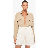 boohoo Women's Peached Utility Shirt in Stone | Size: 6 | Denim | boohoo (US & Canada)