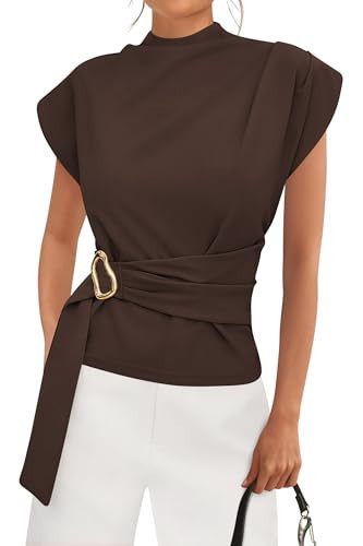 PRETTYGARDEN Women Blouses Spring Dressy Cap Sleeve Mock Neck Work Shirts Buckle Tunic Summer Business Casual Tops 2026(Brown,Small) | Amazon (US)