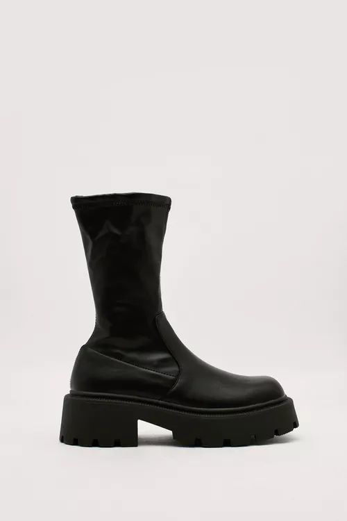 Stretch Faux Leather Chunky Sole Ankle Boot | Nasty Gal (US)