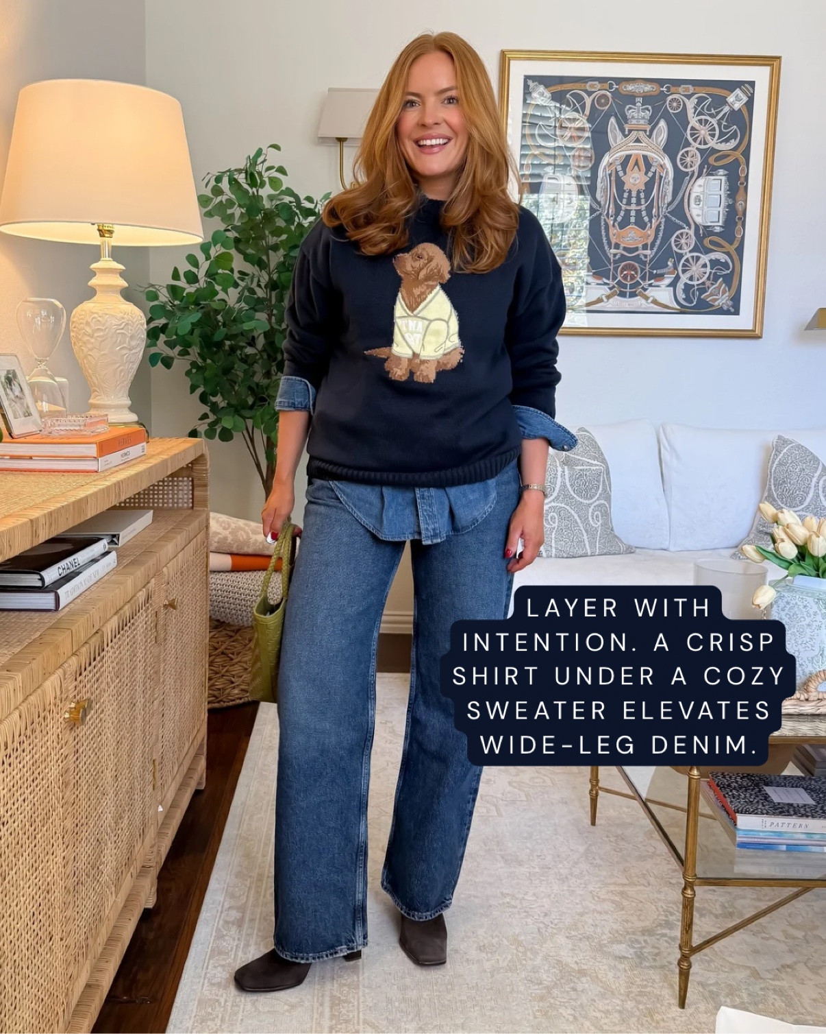 Wearing 29 in jeans and small in the sweater — both true to size.
Layering with intention is the easiest way to elevate wide leg jeans this fall. A cozy sweater over a crisp chambray shirt adds polish and visual interest to relaxed denim — no tucking gymnastics required. Cozy, mom-friendly, and cute for everything from football games to brunch.
#widelegjeansoutfit #fallsweaters #layeringoutfits #falldenim #momstyle