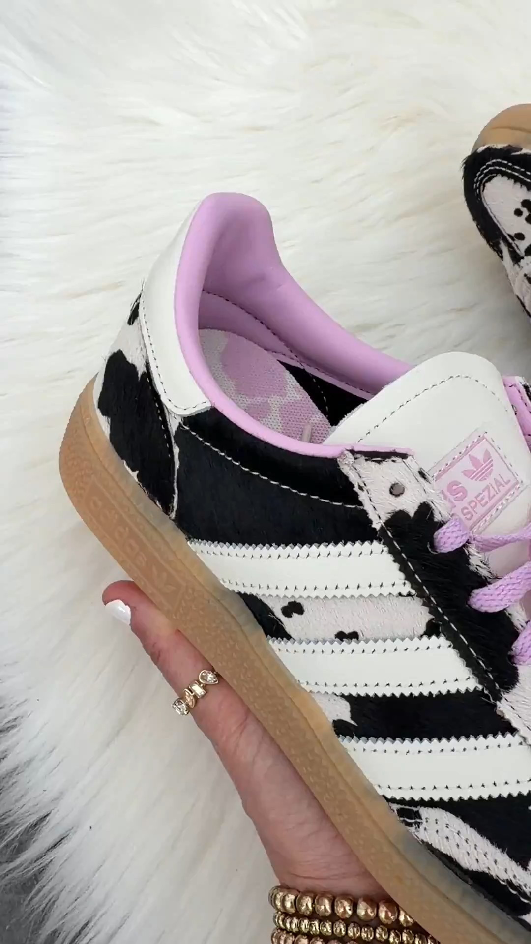Adidas handball spezial cow print sneakers in off white bliss lilac. I went down a half size 

