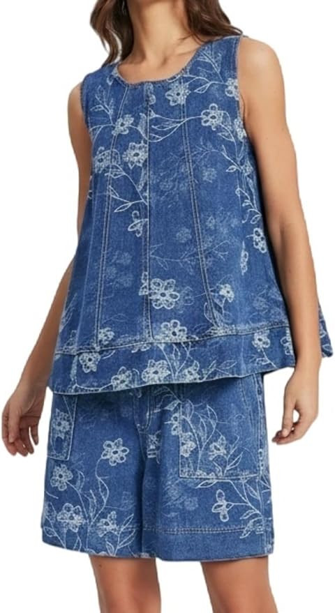 Ladyful Denim Short Sets Women 2 Piece Floral Flare Denim Tank Top Elastic Waist Bermuda Short Se... | Amazon (US)