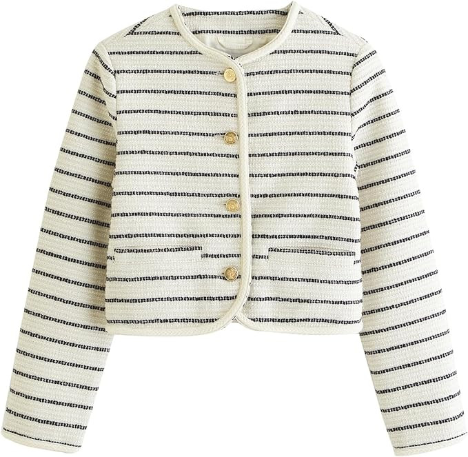 Women's Tweed Jackets 2024 Fall Long Sleeve Crew Neck Button Down Cropped Jacket Coat with Pocket... | Amazon (US)