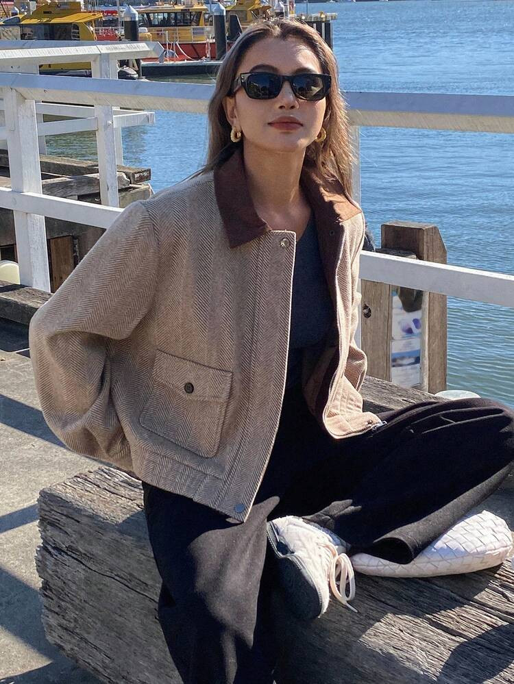 DAZY Women's Casual Patchwork Contrast Color Collar Jacket Fall,Winter | SHEIN