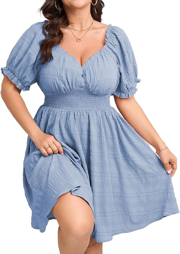 SCOMCHIC Womens Plus Size Summer Dresses Casual Sun Dress Sweetheart V Neck Puff Short Sleeve Smo... | Amazon (US)