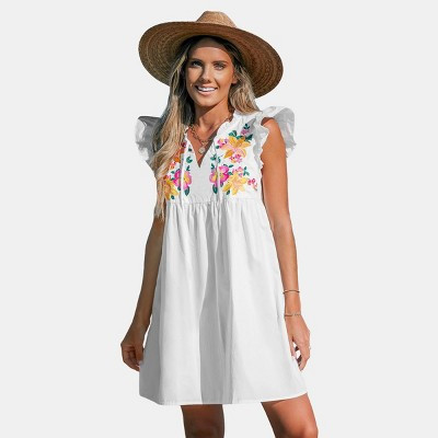Women's Flutter & Floral Split Neck Mini Dress - Cupshe-L-White | Target