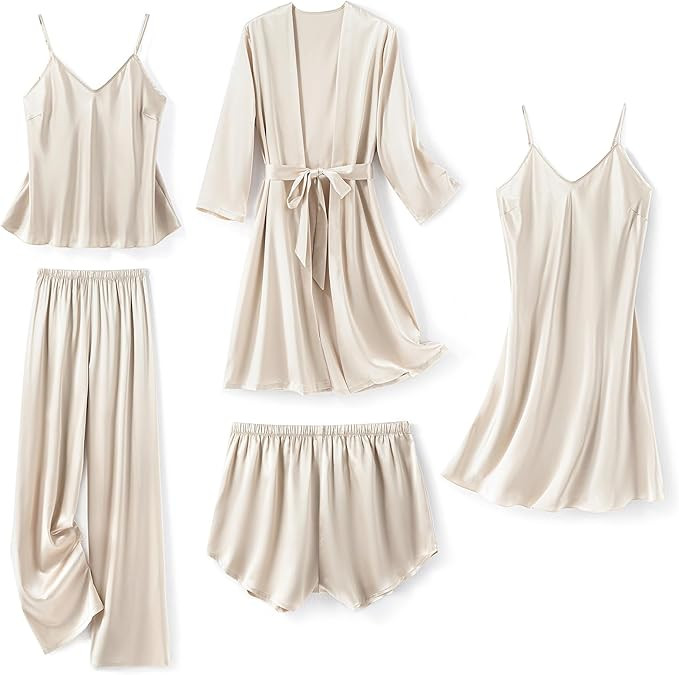 SAPJON Silk Pajamas for Women 5Pcs Sleepwear Loungewear Satin Robe Cami Shorts Pj Set | Amazon (US)