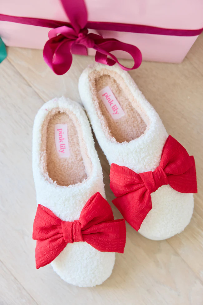 Cozi Red Bow Shearling Slippers | Pink Lily