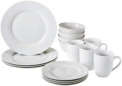 Amazon Basics 16-Piece Porcelain Kitchen Dinnerware Set with Plates, Bowls and Mugs, Service for ... | Amazon (US)