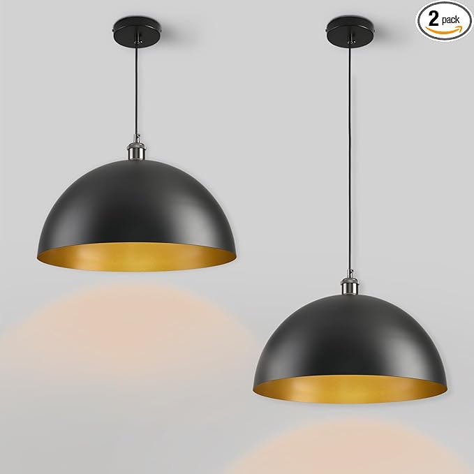 2 Pieces 16" Vintage Industrial Dome Pendant Light Black and Gold Large Pendant Lights Kitchen Is... | Amazon (US)