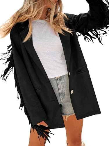 Cicy Bell Womens Faux Suede Fringe Jacket Casual Blazer Long Sleeve Lapel Button Front Suit Jackets Black | Amazon (US)